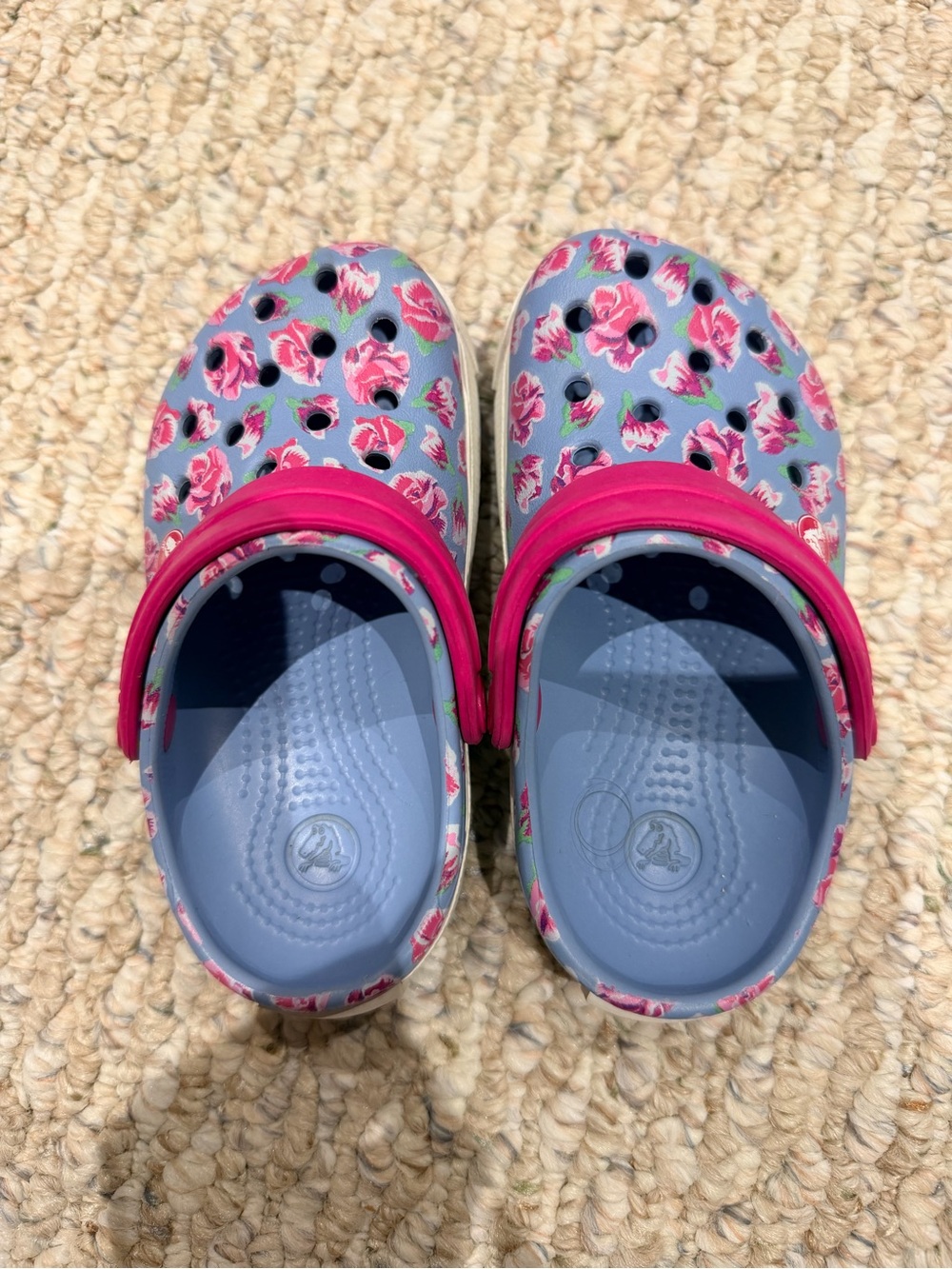 Girls Floral Crocs with Pink Strap - Light Blue and Pink 6 - 7 toddler